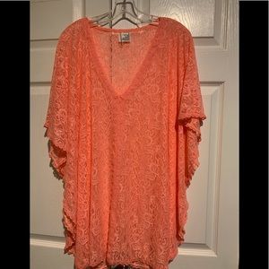 Orange fluff sleeves lace tunic blouse